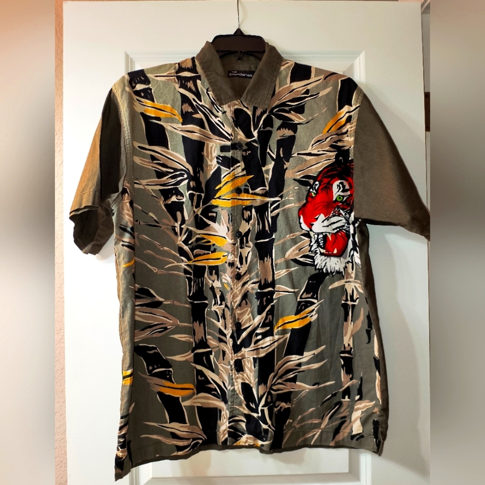 Y2K Tiger & Bamboo Button-Down Shirt – Size L – 100% Cotton
